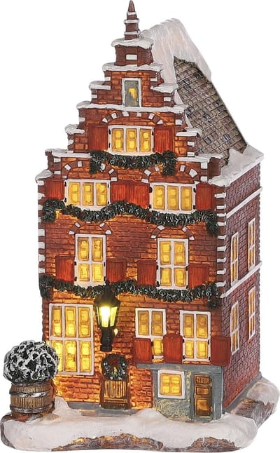 Luville Kerstdorp Miniatuur Grachtenpand - Kerstversiering en Guirlande Details voor een Sfeervolle Decoratie - Kerst Decoratie voor Binnen - L10,5 x B11,5 x H18,5 cm - Bruin