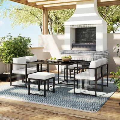 7-Delige Tuin Eetset – Voor 6 Personen – Eettafel Gehard Glas – 4 Stoelen + 2 Hockers – Afneembare Kussens – Zwart – Ideaal voor Tuin & Terras