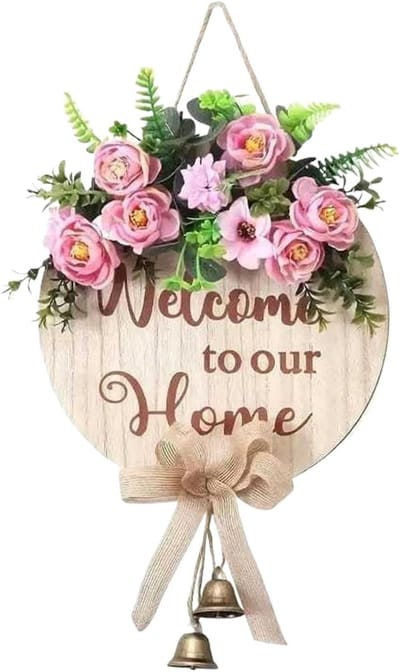 Houten Welkomspaneel - Wanddecoratie Deur Decor - Voordeur Versieren - Met Lint en Klokjes - 50 x 30 cm - Multicolor