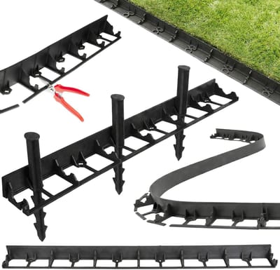 Borderrand kunstof zwart I Perkrand flexibel I Gazonrand Zwart Tuin + Grondpennen voor borderranden - 12 stuks 4,5 cm hoog