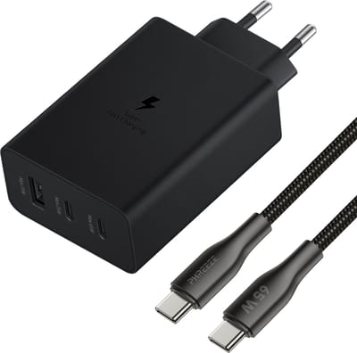 USB C Adapter 3 Poorten 65W GaN Power Delivery Snellader + USB C Oplaadkabel 1 Meter Nylon Zwart