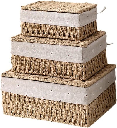 Set van 3 Handgeweven Opbergmanden met Deksel, Duurzaam Papier Touw, Boho Design voor Slaapkamer, Badkamer en Speelgoedopslag (Beige)