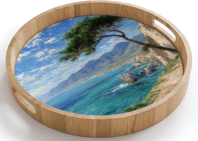 Dienblad rond 40x40 cm - Schootdienblad hout - Rotsen - Kustlijn - Boom - Bergen - Borrelplank rechthoek - Plateau houten dienbladen