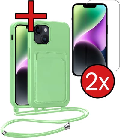Hoesje Geschikt voor iPhone 13 Hoesje Met Telefoonkoord en Pasjeshouder Met 2x Screenprotector Siliconen - Hoes Geschikt voor iPhone 13 Hoesje Met Kaarthouder Case - Groen