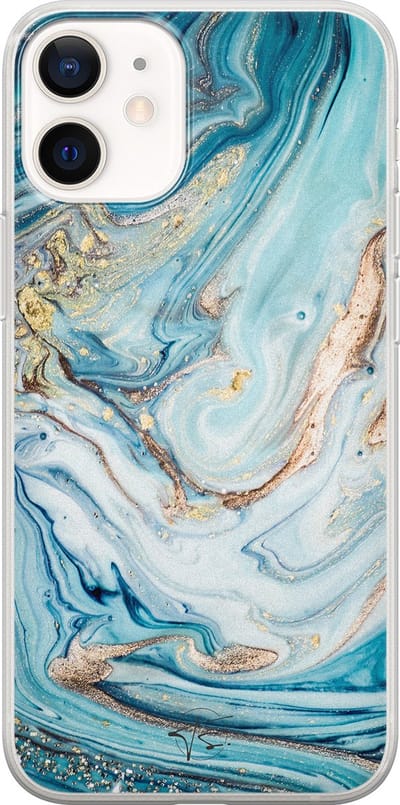 Hoesje geschikt voor iPhone 12 Mini - Marmer blauw goud - Soft Case - TPU - Marmer - Blauw - Mooie Telefoonhoesjes