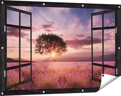 Gards Tuinposter Doorkijk Bloemenveld met Lavendel bij Zonsondergang - 120x80 cm - Tuindoek - Tuindecoratie - Wanddecoratie buiten - Tuinschilderij