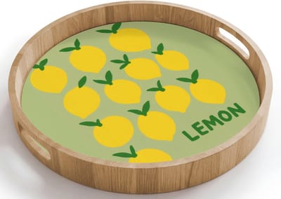 Dienblad rond 40x40 cm - Schootdienblad hout - Citroenen - Blaadjes - Geel - Patroon - Borrelplank rechthoek - Plateau houten dienbladen
