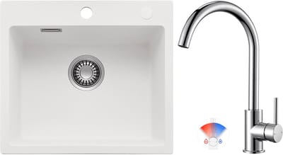 CECIPA max Spoelbak Keuken 40x45CM - Granieten spoelbak Met Keukenkraan - Spoelbak Met Kraangat - Spoelbakken Met Afdruip - Wit