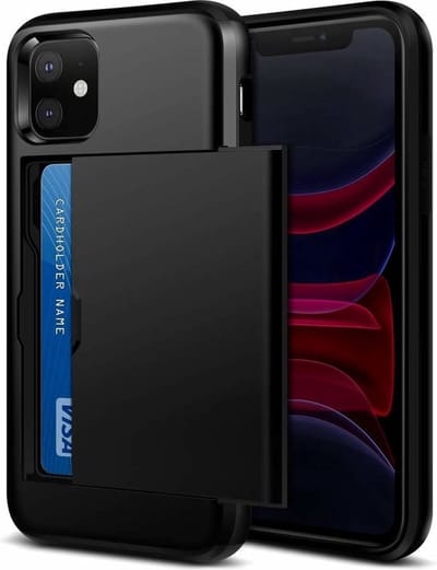 ShieldCase Kaarthouder case met slide geschikt voor Apple iPhone 12 Mini hoesje - Hardcover hoesje met ruimte voor pasjes - Extra sterke bescherming - Kwalitatieve backcover - zwart