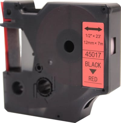 KATRIZ® huismerk label tape voor Dymo 45017 | LabelManager PNP/LabelPoint 150/Protable Labeler PL200/RhinoPRO 5200/6000 | Zwart op Rood | 12mm*7m |  1 stuk
