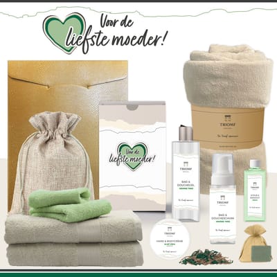 Geschenkset “Voor de liefste moeder!” - 11 producten - 1660 gram | Triomf Original - Giftset voor haar Cadeau Moederdag Luxe Wellness Pakket Vrouw Speciaal Cadeaupakket Geschenk Lieve Mama Verjaardag Kerst Kerstpakket Gift Set Mama Crème Groen