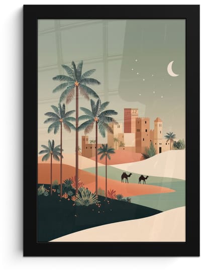 Poster in lijst - Fotolijst 20x30 cm - Posters - Nachtlandschap - Kamelen - Sterren - zandduinden - Posterlijst zwart - Decoratie - Wanddecoratie woonkamer - Muurdecoratie slaapkamer