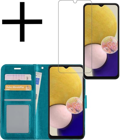 Hoesje - Met Screenprotector - Geschikt voor Samsung Galaxy A13 5G - Luxe Pasjeshouder - Bookcase Portemonee - Flip Case - Kunstleer Book Case - Flipcase - Book Cover - Walletcase - Portemonneehoes - Turquoise