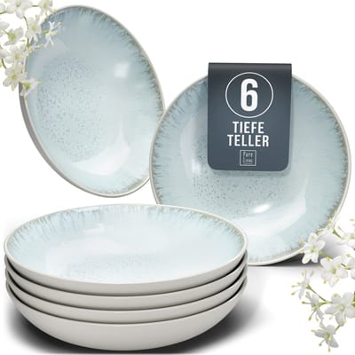 Pure Living Ibiza Light Set Van 6 Diepe Borden - 600ml - Beigeblauw - Massief Aardewerk - Vaatwasserbestendig - Magnetronbestendig