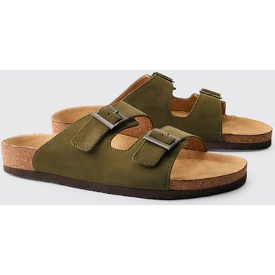 Sandaal Met Dubbele Bandjes Van Imitatiesuède | Olive | Size 42
