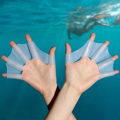 2 stuks blauwe siliconen zwemvinnen met zwemvliezen, trainingshandschoenen met zwemvliezen voor de vingers en handpalmen, waterbestendige zwemhandschoenen voor sport en outdoor.