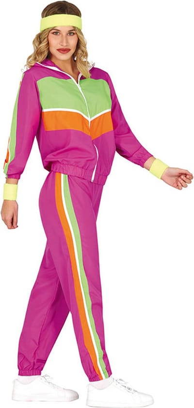 Fiestas Guirca - 80-er jaren trainingspak vrouw magenta (mt M) - Carnavalskleding - Carnaval - carnavalskleding 2027 - Carnaval kostuum