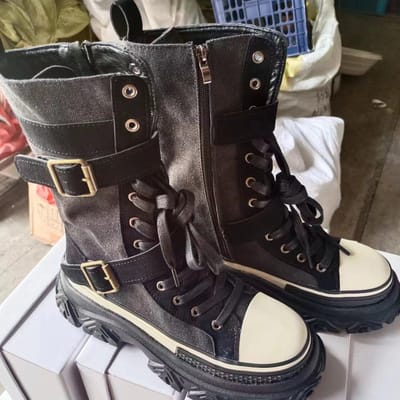 Dikke Platform Dameslaarzen Vintage Canvas Werkkleding Hoge Top Ridderlaarzen Ronde Neus Muffin Zool Rits aan de Zijkant Gesp Riem Laarzen 40 gray