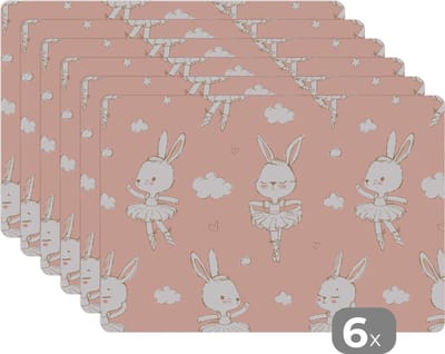 Placemat - Placemats kunststof - Konijn - Ballerina - Patronen - 45x30 cm - 6 stuks - Hittebestendig - Anti-Slip - Onderlegger - Afneembaar