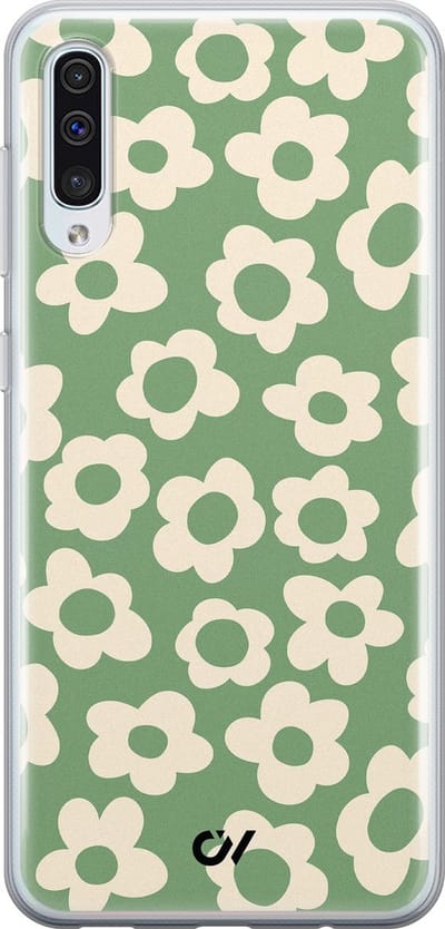 Hoesje geschikt voor Samsung Galaxy A50 - Retro Cute Flowers - - Groen - Soft Case Telefoonhoesje - TPU Back Cover - Casevibes