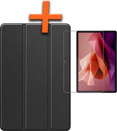 Hoesje - Geschikt voor Lenovo Tab P12 - Met Screenprotector - Trifold Bookcase - Hard Cover Case - Met Uitsparing Geschikt voor Lenovo Pen - Hardcover Book - Tablet Hoes - Zwart