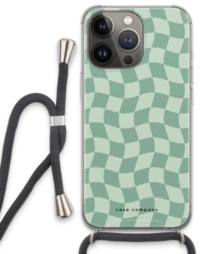 Case Company® - Hoesje met koord geschikt voor iPhone 13 Pro hoesje met Koord - Grid Groen - Telefoonhoesje met Zwart Koord - Bescherming aan alle Kanten en Over de Schermrand