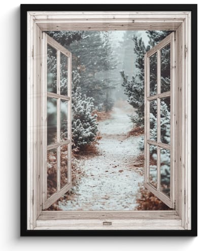 Poster in lijst - Fotolijst 50x70 cm - Posters - Bos - Winter - Bomen - Natuur - Pad - Doorkijk - Wit - Posterlijst zwart - Decoratie - Wanddecoratie woonkamer - Muurdecoratie slaapkamer