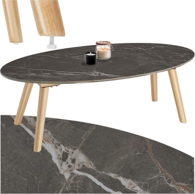 Ovale salontafel - Bijzettafel koffietafel - Binnen en buiten - Marmerlook stenen blad - 100x50x345 cm - Naturel