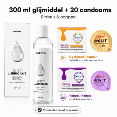 condooms en glijmiddel set – Satisfyer glijmiddel waterbasis 300 ml + FiTONE condooms 20 stuks – ribbels en noppen – 52 mm