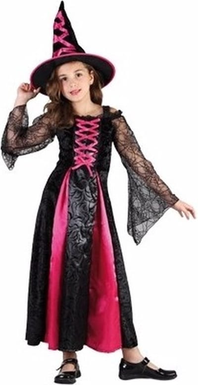 Carnaval/Halloween verkleedkleding Roze heks jurkje voor meisjes - heksenjurkje / kostuum - met hoed 110/122