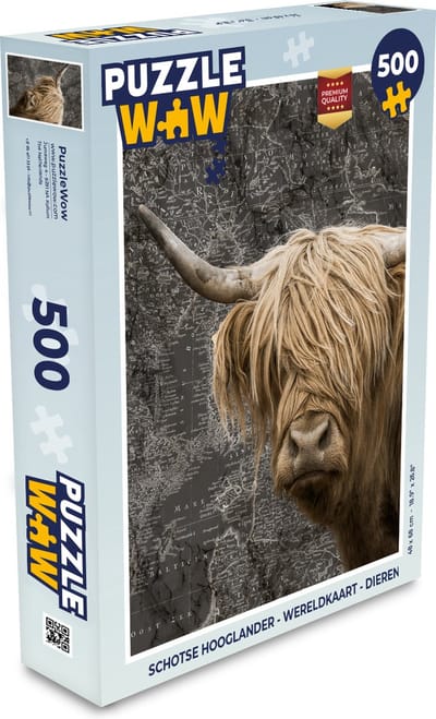 Puzzel Schotse hooglander - Wereldkaart - Dieren - Legpuzzel - Puzzel 500 stukjes