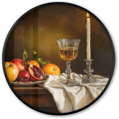 Poster in lijst Rond - Fotolijst 60x60 cm - Posters - Fruit - Stilleven - Wijn - Kaars - Ronde posterlijst zwart - Decoratie - Wanddecoratie woonkamer - Muurdecoratie slaapkamer