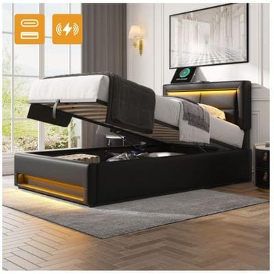 Gestoffeerd bed - MUVOE - 90 x 200 cm - USB - LED-verlichting - Opbergruimte onder het bed zwart