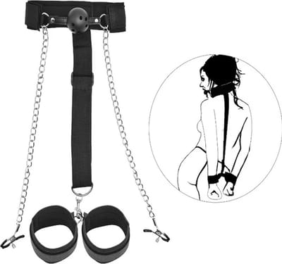 BDSM Harnas met Handboeien Tepelklemmen en Gag Bal - One size - Zwart