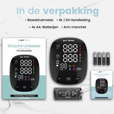 Pro Firmo Bloeddrukmeter Bovenarm – Nauwkeurige Digitale Bloeddrukmeter voor Volwassenen & Senioren – Automatische Hartslagmeter met WHO-Kleurindicatie, Groot LCD-scherm – Incl. Batterijen & Opbergtas – Thuisgebruik & Professioneel
