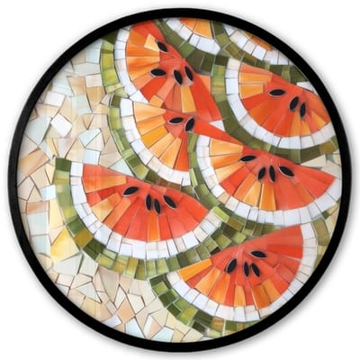 Poster in lijst Rond - Fotolijst 40x40 cm - Posters - Mozaïek - Watermeloen - Rood - Pitten - Ronde posterlijst zwart - Decoratie - Wanddecoratie woonkamer - Muurdecoratie slaapkamer