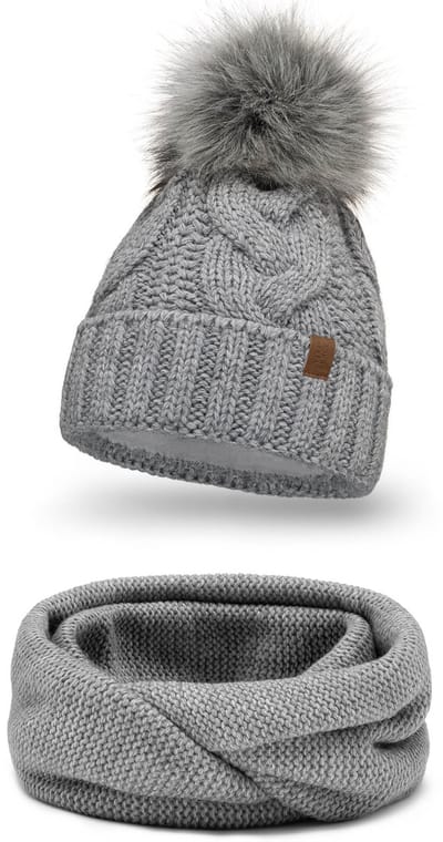 Vivisence Dames Wintermuts En Colsjaal Set - Zachte Acrylbrei Met Fleece Voering Bont Pompon - Warm Comfortabel En Antistatisch Voor Koude Winterdagen En Perfecte Pasvorm - Lichtgrijs