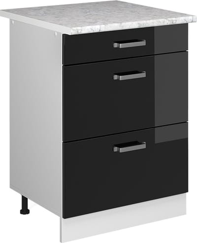 Vicco R-Line Keukenonderkast – 60 cm met laden, met marmeren werkblad Zwart hoogglans