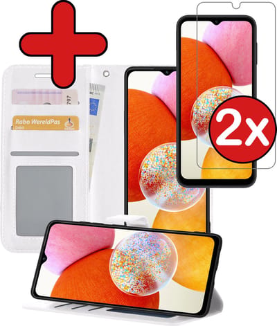 Hoesje - Met 2x Screenprotector - Geschikt voor Samsung Galaxy A14 - Luxe Pasjeshouder - Flip Case - Bookcase Portemonee - Kunstleer Book Case - Flipcase Hoes - Book Cover - Walletcase - Portemonneehoes - Telefoonhoes - Wit