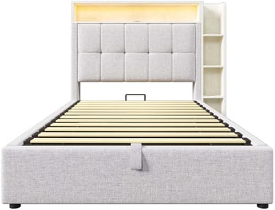 Moderne minimalistische gestoffeerde eenpersoonsbed 90x200 cm beige zonder matras met USB Type-C oplader en verstelbare LED-verlichting multifunctionele hydraulische opbergruimte geschikt voor slaapkamer/logeerkamer 215x109,5x105 cm