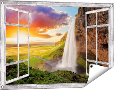 Gards Tuinposter Doorkijk Waterval in IJsland met Zonsondergang - 90x60 cm - Tuindoek - Tuindecoratie - Wanddecoratie buiten - Tuinschilderij