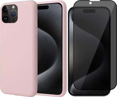 Hoesje geschikt voor iPhone 15 Pro - Privacy Screen Protector FullGuard - Back Cover Case SoftTouch Roze & Screenprotector