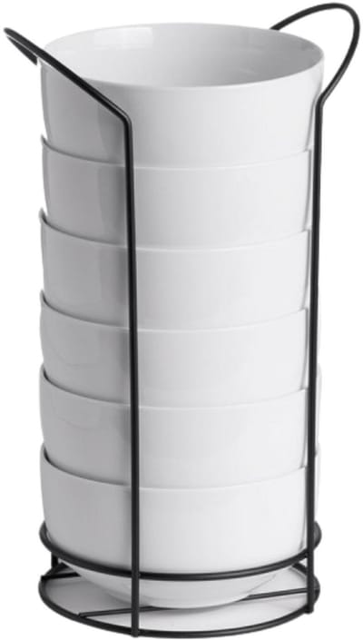 Vessia Soepkommen / schaaltjes - 6x stuks - porselein - 800 ml - wit - In stapelrek van metaal - stapelbaar