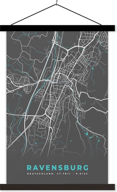 Posterhanger incl. Poster 40x60 cm - Schoolplaat - Plattegrond – Ravensburg – Blauw – Stadskaart – Kaart - Duitsland - Textielposter - Zwarte latten - Stadskaart