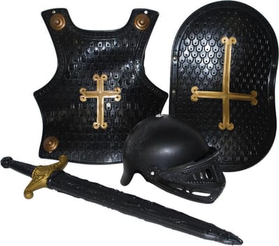 Accessoireset ridder 4-delig zilver (helm, borstschild, zwaard, schild)