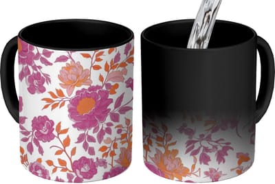 Magische Mok - Foto op Warmte Mokken - Koffiemok - Bloemenpatroon - Roze - Oranje - Bloemen - Magic Mok - Beker - 350 ML - Theemok
