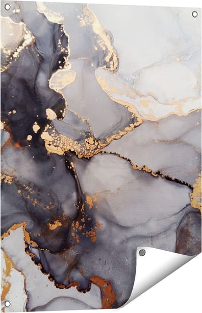 Gards Tuinposter Abstracte Kunst - Grijze Marmer met Goud - 60x80 cm - Tuindoek - Tuindecoratie - Wanddecoratie buiten - Tuinschilderij