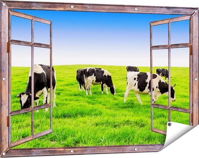 Gards Tuinposter Doorkijk Kudde Koeien in de Wei - Hemel Blauwe Lucht - 120x80 cm - Tuindoek - Tuindecoratie - Wanddecoratie buiten - Tuinschilderij