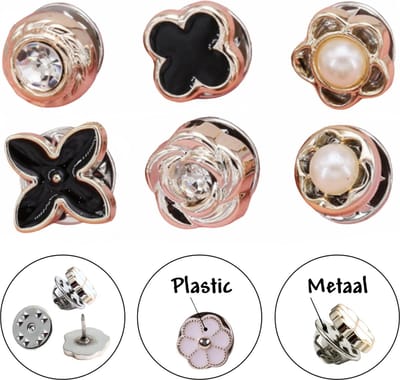 Fako Bijoux - Pin Broche Mini - Steek Pin Knopen Set - 6 Mini Broches - 8-12mm - Silver, Gold, Black, Shiny & Pearl - 6 Stuks - Zilver, Goud & Zwart - Serie 6