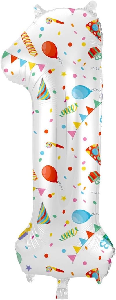 Extra Grote Verjaardagsballon Cijfer 1, 86 CM, Wit met Feestelijke Print